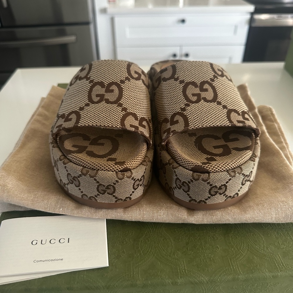 Gucci Beige and Brown GG Pattern Slides